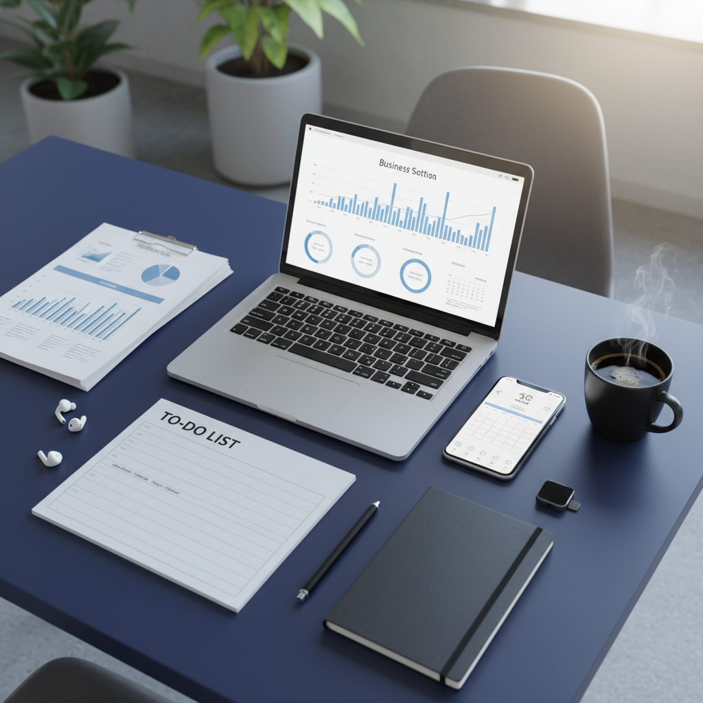 Complete modern entrepreneur workstation with laptop, documents and business tools