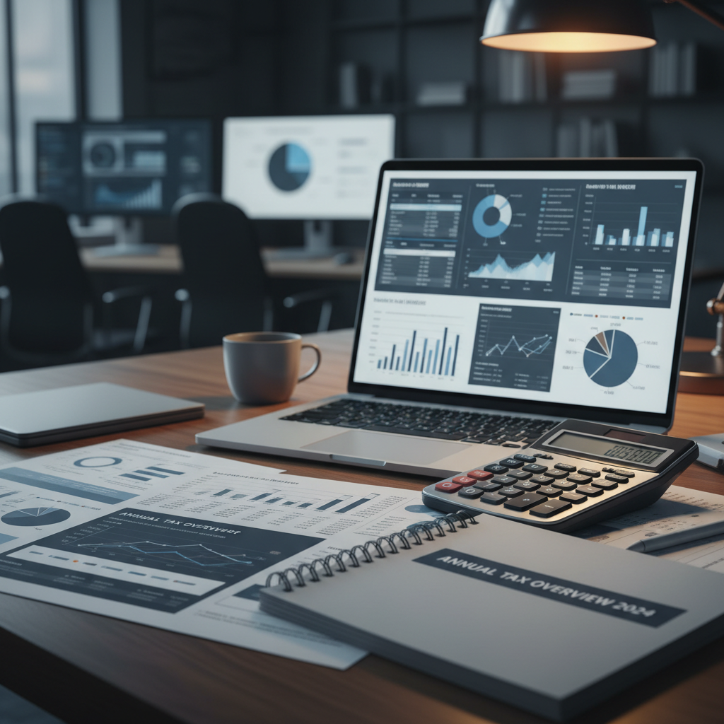 Financial tax reports, calculator and charts on a professional desk