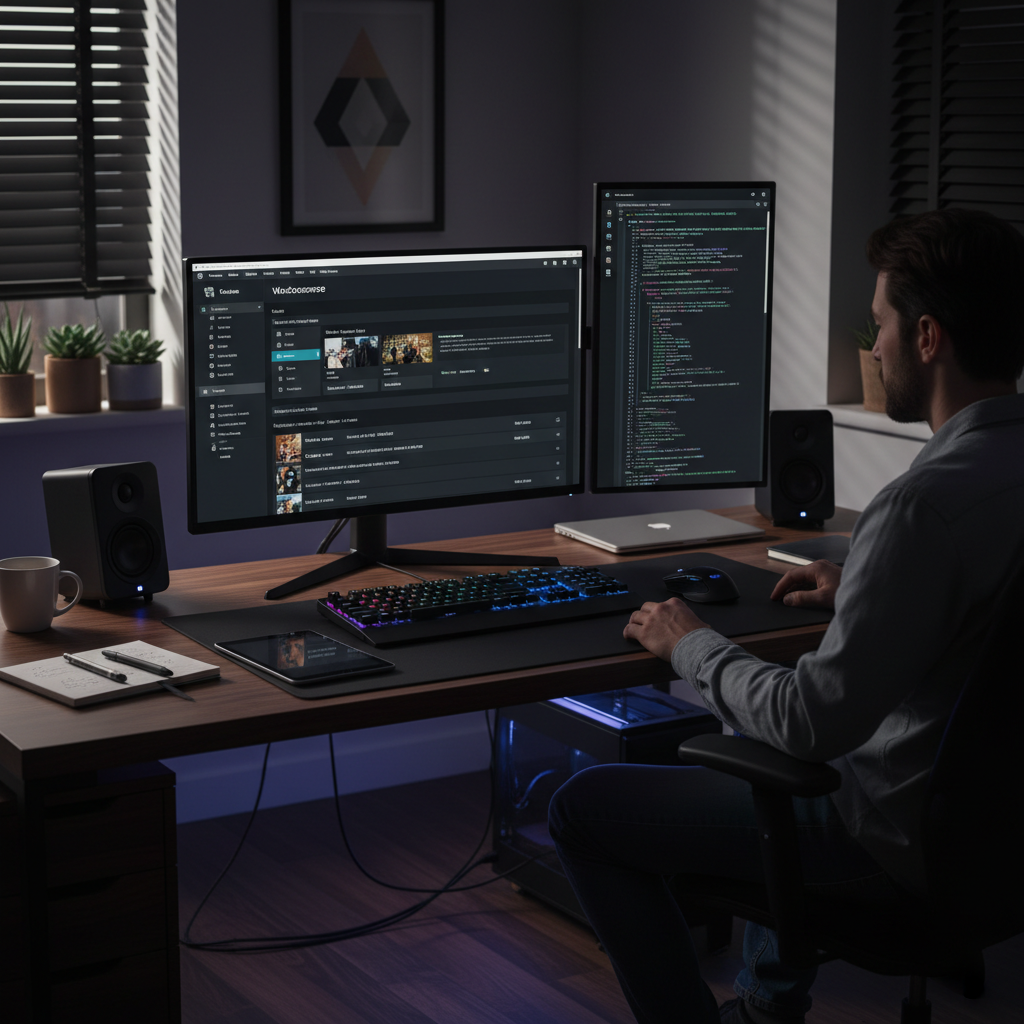 Web developer coding WooCommerce store on dual monitors