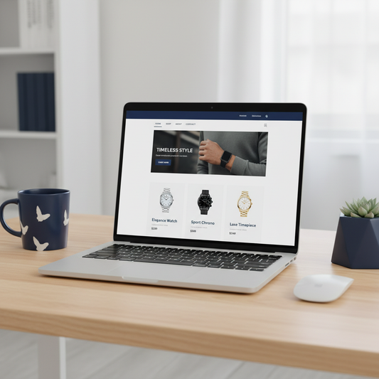 Laptop displaying a clean professional Shopify e-commerce store design